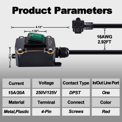 Heavy Duty Waterproof Extension Cord With On/off Switchinline Cord Switch With 3 - Picture 2 of 6