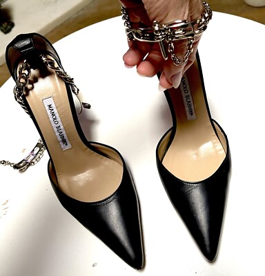 Manolo Blahnik Black Leather Silver Dagger Lock And Chain D'Orsay