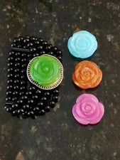 Interchangeable Carved Flowers 4 Strand Black Onyx Bead Stretch Bracelet