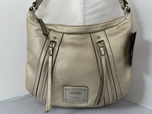 New Nicole Miller Medium hobo Metallic Oyster color Zippered Closure and Handbag - Picture 3 of 6