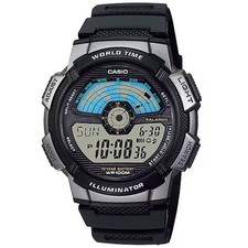 Casio Men's Watch World Time Grey Digital Dial Black Rubber Strap AE-1100W-1AV