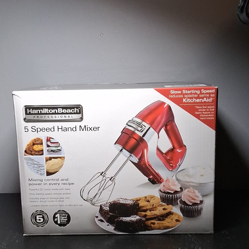 Hamilton Beach 62653 5-Speed Handheld Mixer Red Stainless Steel w/ Attachments