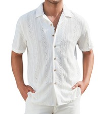 Mens Short Sleeve Button Down Shirt Perforated Breathable Stretch Beach Casual