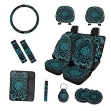 13 Piece Car Seat Covers Full Set Car Steering Wheel Green Mandala Floral
