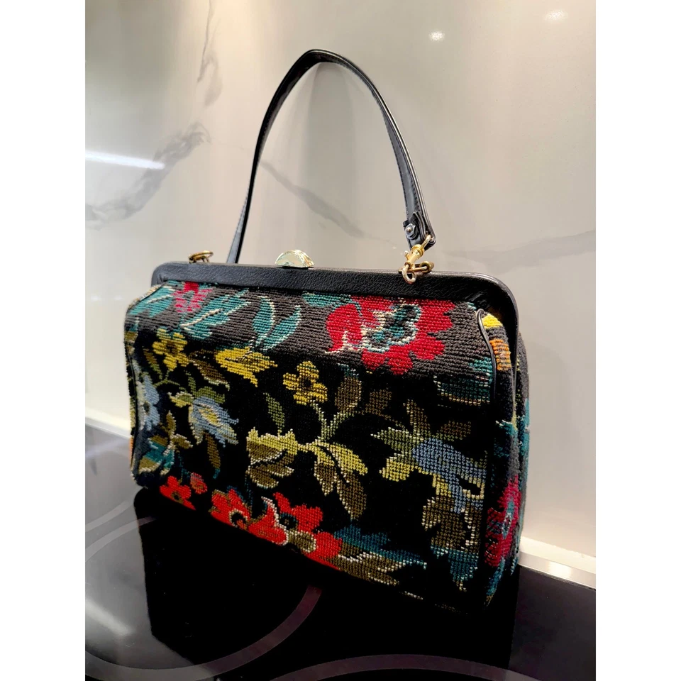 Vintage Carpet Bag Needlepoint Tapestry Structured Satchel Large Floral Black - Image 3 of 4