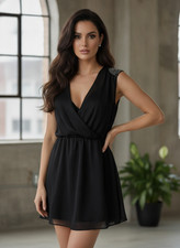 RJ Story Black Sheer Mini Dress Size M Rhinestone Shoulder Deep V Party Clubwear