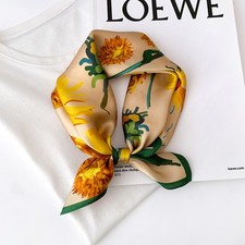 100 Pure Silk Scarf Women Yellow Sunflower Kerchief Square Bandana Wrap 53 53cm