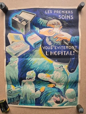 Affiche SNCF signée Durupt 1961 LES PREMIERS SOINS VOUS EVITERONT L'HOPITAL. - Photo 1/3