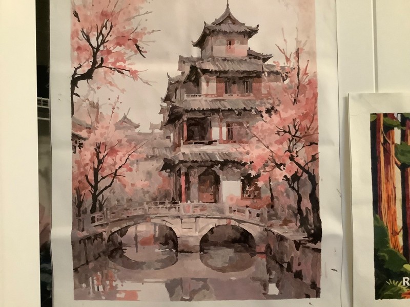 Paint by number of a temple in Japan with cherry blossoms in the background