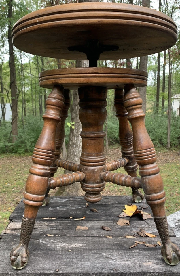 Antique SIGNED! Antique Victorian Wooden Piano Stool Glass Ball & Claw Feet BEST - Image 2 of 4