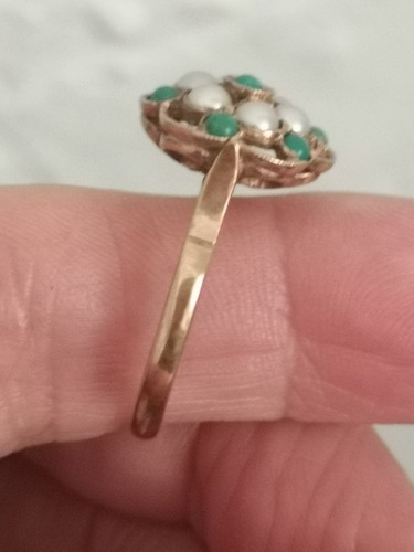 Antiguo anillo con racimo de perlas y turquesa de oro de 9 quilates de diseño victoriano talla O - Imagen 9 de 9