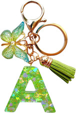 Cute Initial Letter Keychains for Women Girls Tassel Butterfly Pink Purple Green