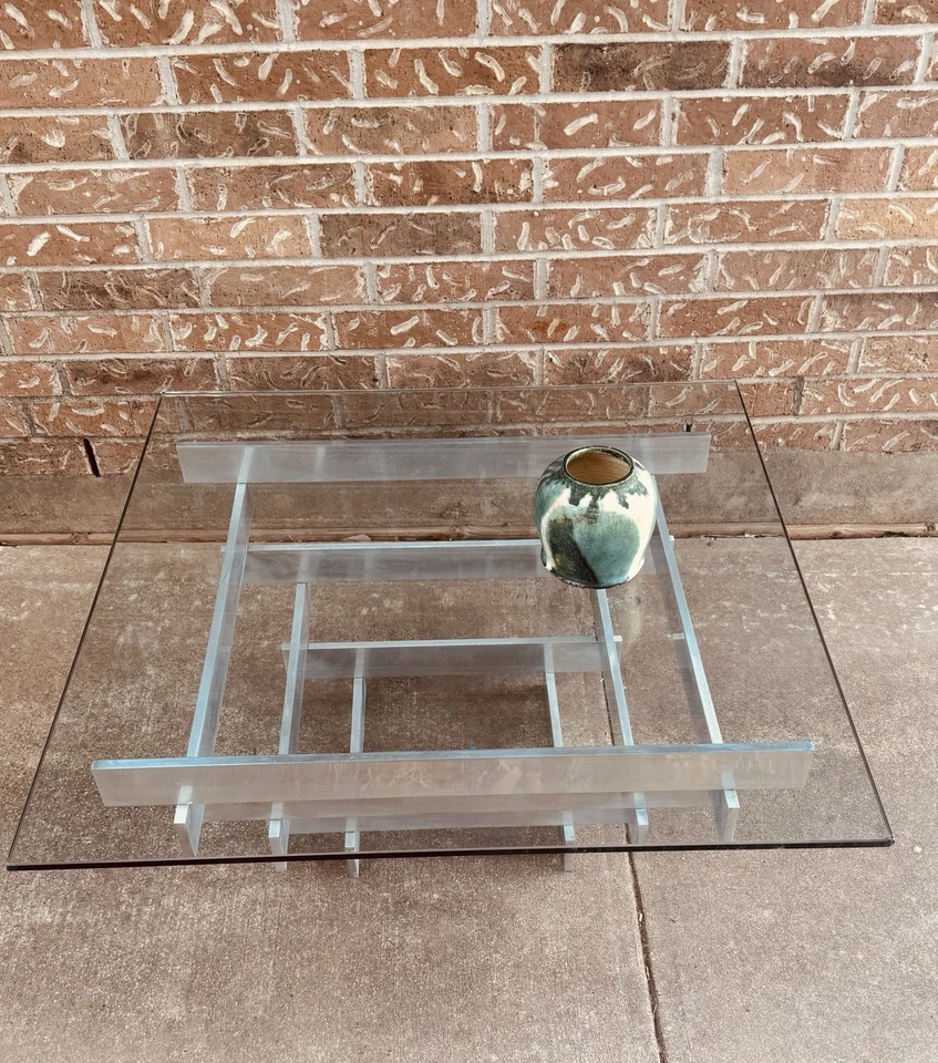 Hermosa mesa de centro apilada de vidrio de aluminio Paul Mayen moderna de mediados de siglo MCM Foto 2 de 4