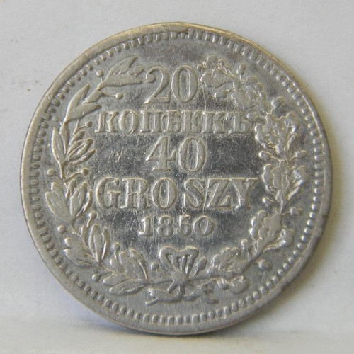 POLAND under Russia 1850MW silver 20 Kopeks/40 Groszy rare type last yr of issue