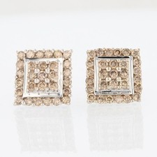 1.78ctw Brown Diamond Cluster Halo Square Stud Pair Earrings 10k White Gold