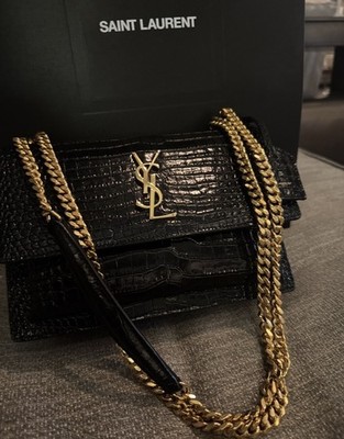 Saint Laurent Sunset Small Black Croc Pattern Shoulder Bag Gold Chain Strap
