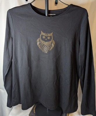 Croft & Barrow L Black Cotton Knit Tee Shirt Studded Gold Owl Long Slv 26.6.5-25
