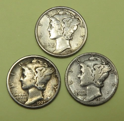 3 Mercury Dimes 1927 Very Fine, 27-D Good, 27-S Good