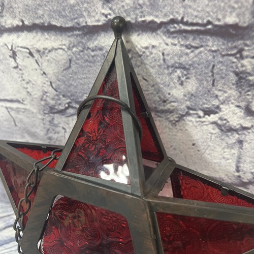 Set 2 -Moroccan Celestial Star Stained Glass Hanging Candle Tea Light Holder Red - Picture 8 of 14