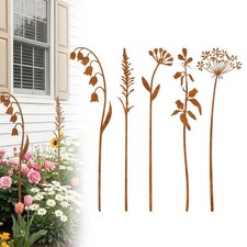 5x Rusty Metal Flowers Garden Art Wildflower Stakes Outdoor Fence Patio Decor