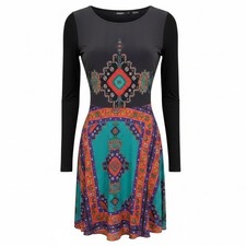 Desigual Mini Dress Women M Medium Black Multi Geometric Long Sleeve Boho Art