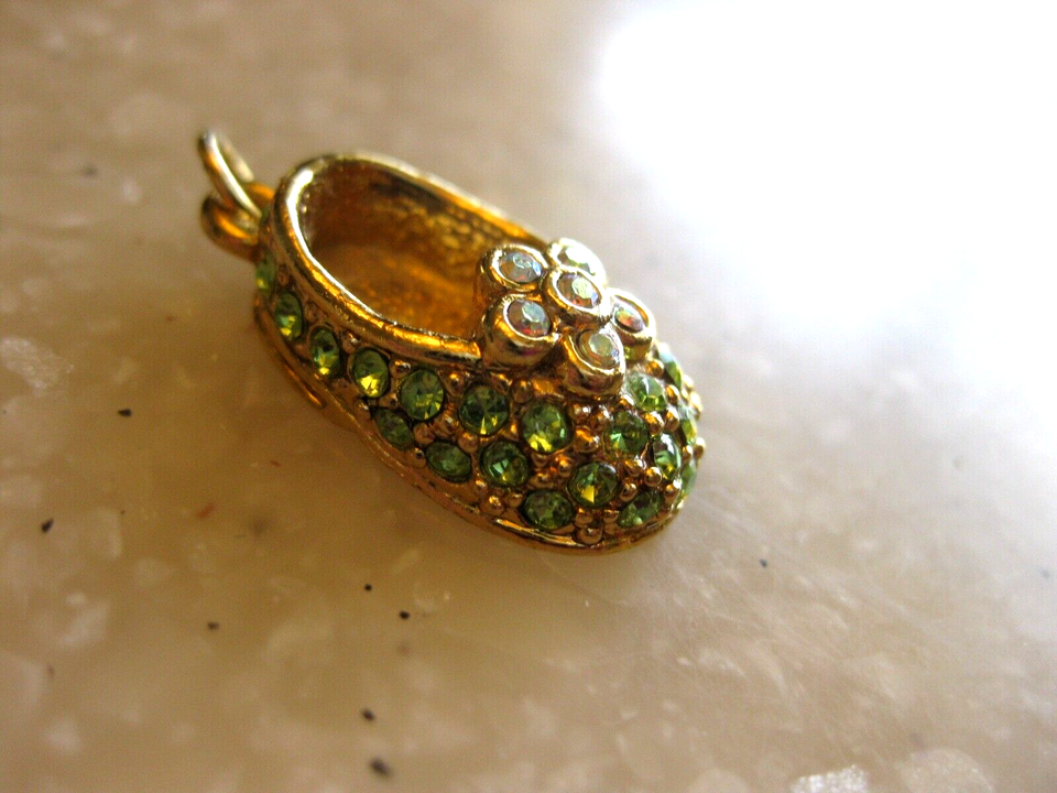 Gold Tone Baby Shoe Charm / Light Green Rhinestones for August (Peridot ...