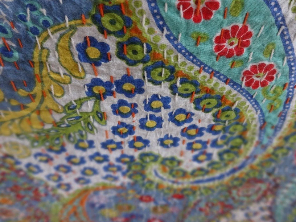 COLCHA KANTHA ALGODÓN INDIO HECHA A MANO MANTA COLCHA TAMAÑO QUEEN ESTAMPADO PAISLEY Foto 2 de 2