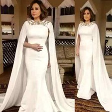 White Satin Mother of the Bride Cape Mermaid Dress Appliques Long Evening Gowns
