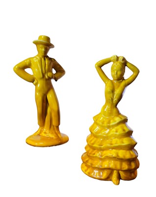 MCM Flamenco Dancing Couple Ceramic Gold Mustard Tone 12'' Figurines Crazing