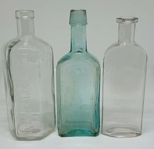 (3) ANTIQUE GUDE'S PEPTO MANGAN BOTTLES AQUA APPLIED TOP BUBBLES CLEAR CORK TOP