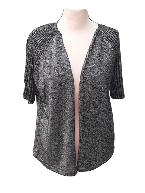 TU BLACK/SILVER MIX LUREX OPEN FRONT CARDIGAN WITH PLISSE SLEEVES SZ 16 TU BLACK/SILVER MIX LUREX OPEN FRONT CARDIGAN WITH PLISSE SLEEVES SZ 16