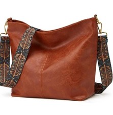Vegan Leather Hobo Crossbody Bag Purse Brown Wide Strap Stylish