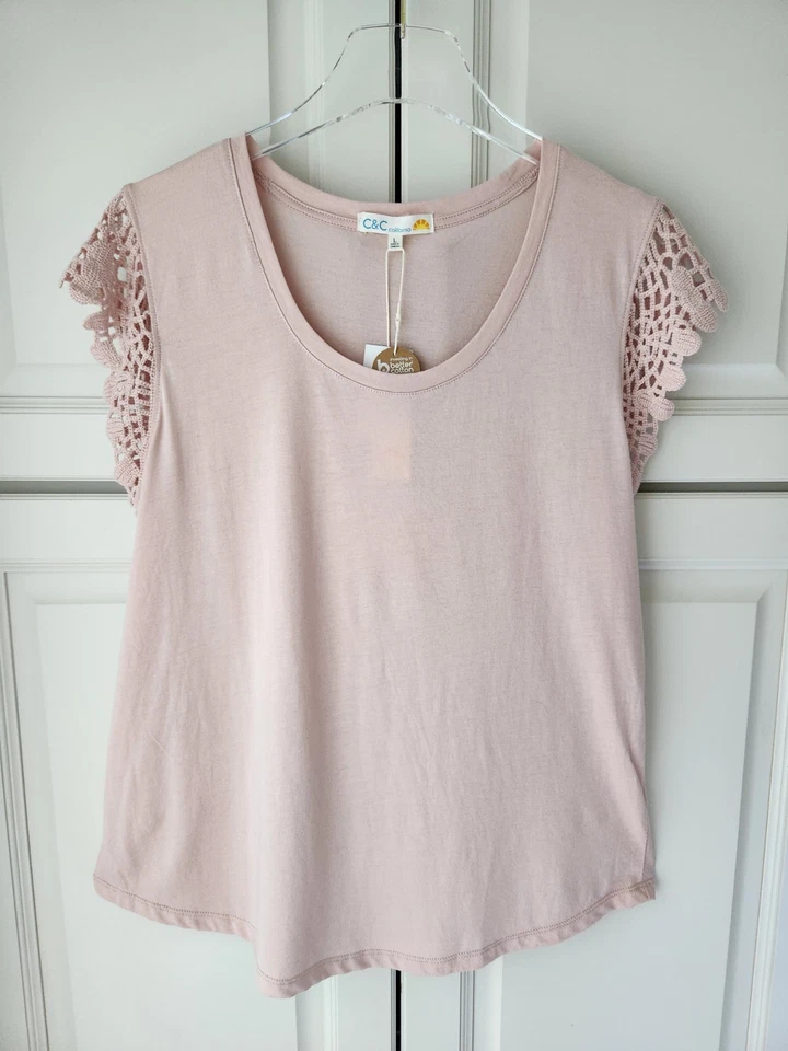 C&C California Top L Blush Prink Crochet Cap Sleeve Round Neck Cotton Blouse New - Image 2 of 4