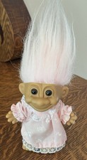 Vintage Russ Troll Doll With Pink Hair And Pink And White Dress 18323