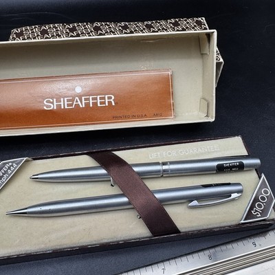 VTG Sheaffer Triumph 444 Pen & Pencil Set Brushed Chrome Original Box & Inserts