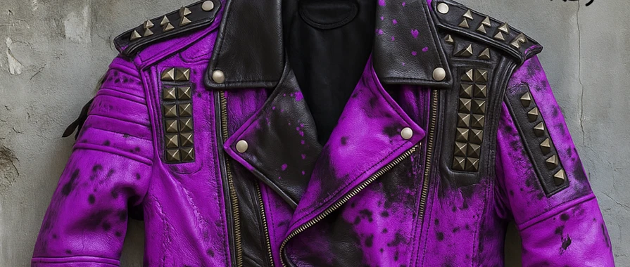 Jaqueta de couro roxa cravejada punk masculina - Casaco de motociclista gótico com espiga - Imagem 3 de 4