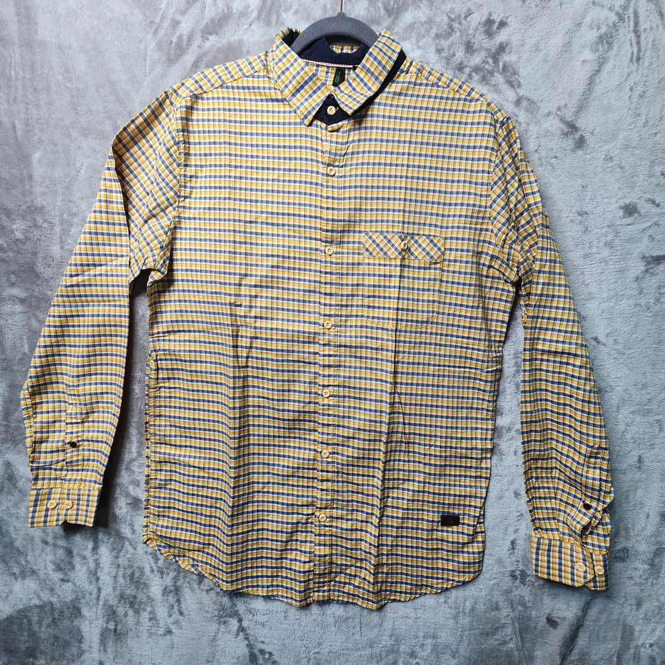 Stile Benetton XL желтый и синий микро клетку хлопок рубашка на пуговицах Италии - Изображение 2 из 4