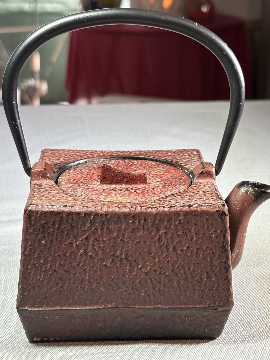 VTG Japanese Red Cast Iron Square Teapot With Black Handle-Estate
