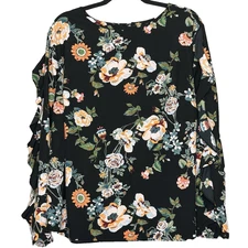 Ava & Viv Top 2X Shirt Black Floral Long Sleeve Ruffled Round Neck Button Back