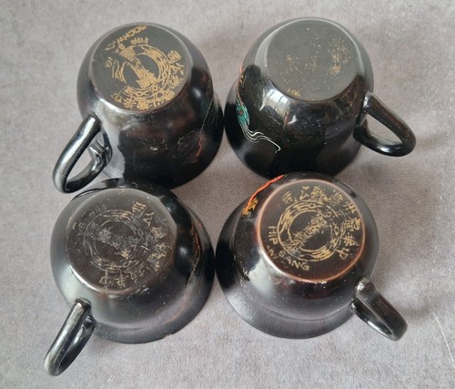 4 Mid-Century Chinese Foochow Lacquerware Tea Cups & Saucers Black Gold Dragons - Picture 20 of 23