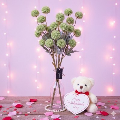Green Pom Pom Mum Artificial Flowers 9 Stems - Unique Valentine s Day Gift Decor