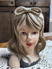 Vtg RELPO Lady Teen Head Vase Bow in Hair Pearl Earring Black Sleeveless