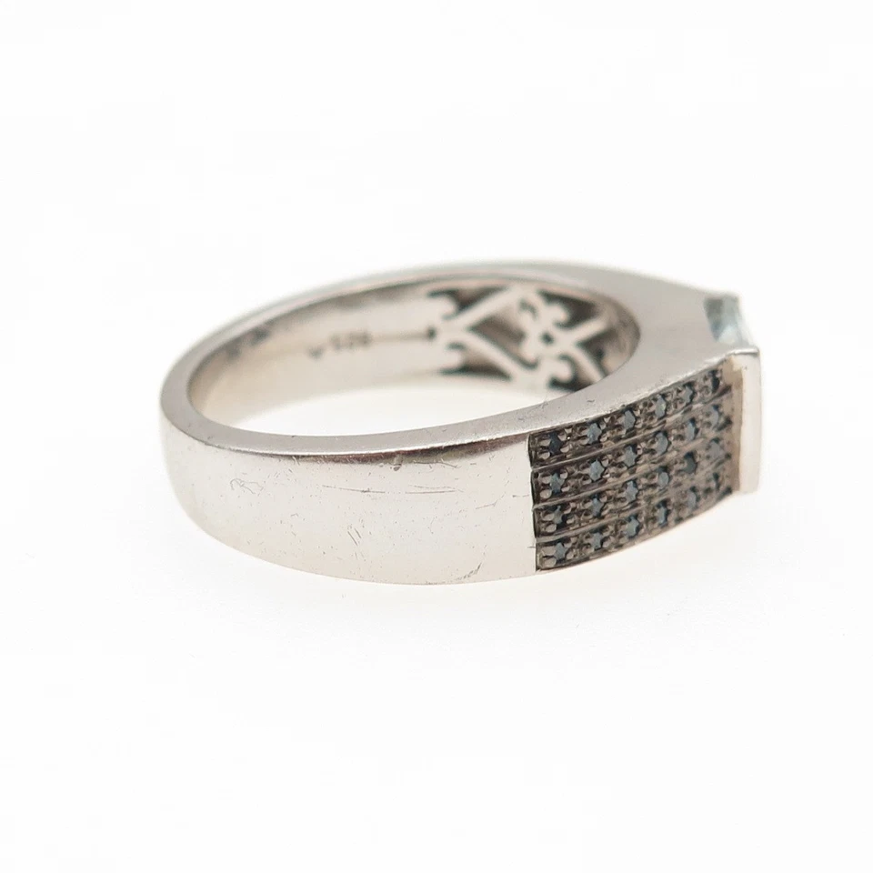 Anillo de plata de ley 925 con diamantes azules reales y aguamarina talla 11 Foto 4 de 4