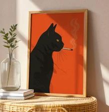 Retro Black Cat Smoking Poster – Bold Pop Art Minimalist Wall Art Decor