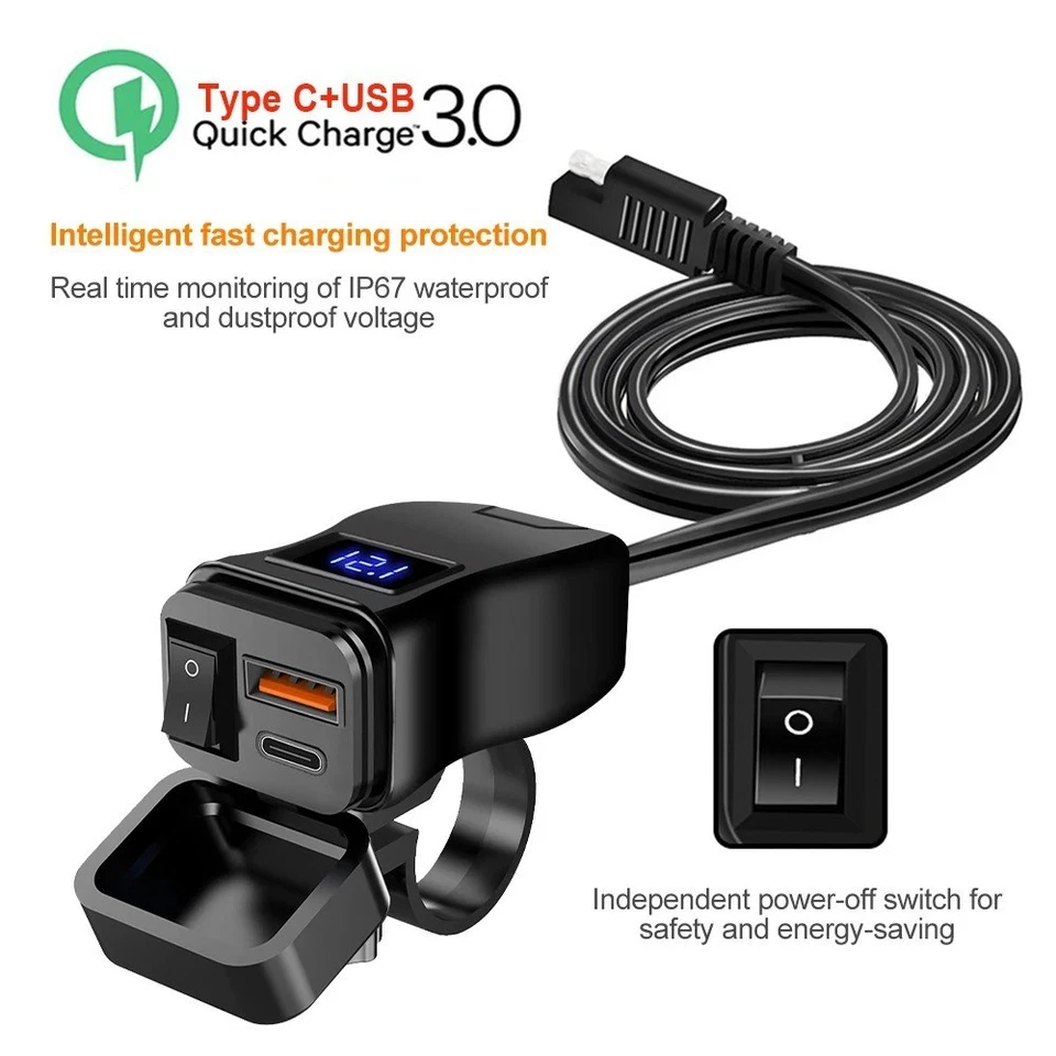 QC3.0+PD Motorcycle Dual USB Phone GPS Fast Charger Adapter Voltmeter Waterproof - Image 3 of 4