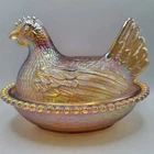 Vintage Indiana Glass 7” Hen on Nest Golden Carnival Amber Iridescent MCM- MINT