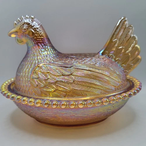 Vintage Indiana Glass 7” Hen on Nest Golden Carnival Amber Iridescent MCM- MINT