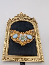 Vintage Handcrafted Victorian Revival Ornate Brooch Blue Cabashons, Glass Flower