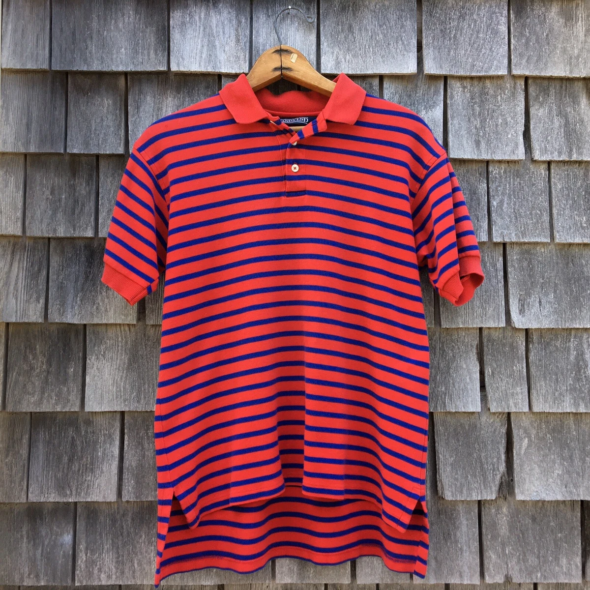 VTG 80s LANDS END Knit Polo Shirt 100 Cotton M L Stripe Red Blue