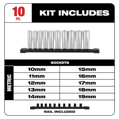 Milwaukee 48-22-9505 3/8 in Drive Deep Well Socket Set Metric 10 